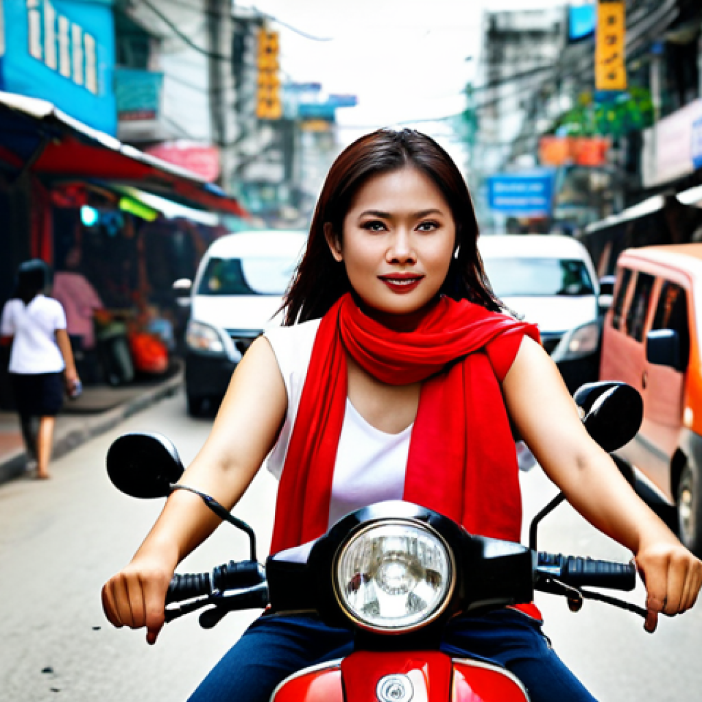 **

A vibrant and energetic Thai woman, embodying the Aries spirit, fearlessly riding a motorcycle through the bustling streets of Bangkok. She's adorned with a fiery red scarf and has a determined look in her eyes. Capture the essence of independence and adventure. Incorporate iconic Thai elements like tuk-tuks and street food stalls in the background, softened with a shallow depth of field.

**