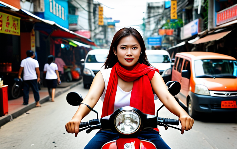 **

A vibrant and energetic Thai woman, embodying the Aries spirit, fearlessly riding a motorcycle through the bustling streets of Bangkok. She's adorned with a fiery red scarf and has a determined look in her eyes. Capture the essence of independence and adventure. Incorporate iconic Thai elements like tuk-tuks and street food stalls in the background, softened with a shallow depth of field.

**
