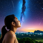 **A vibrant, artistic depiction of the night sky above Thailand, emphasizing the constellations relevant to Thai astrology. Include a person looking up, contemplating the stars, with a subtle Thai cultural element in the foreground.**