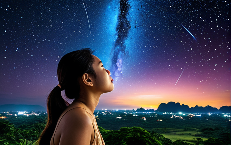 **A vibrant, artistic depiction of the night sky above Thailand, emphasizing the constellations relevant to Thai astrology. Include a person looking up, contemplating the stars, with a subtle Thai cultural element in the foreground.**