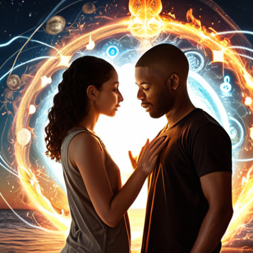 2

**Image Prompt 2: Harmonious Connections**

Two diverse individuals engaged in a moment of deep connection, with their interaction visually represented by intertwining light trails and abstract elemental symbols (fire, water, earth, air) subtly merging around them. In the soft background, a faint astrological chart or planetary alignment hints at compatibility and shared understanding. The scene evokes a sense of empathy, harmonious relationships, and the beautiful synergy of different personalities. --ar 16:9 --v